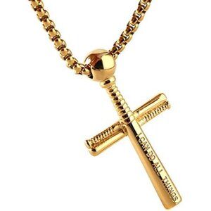 Gold - PH 4:13 Baseball Bat Cross Sports Pendant Stainless Steel Cross Necklace